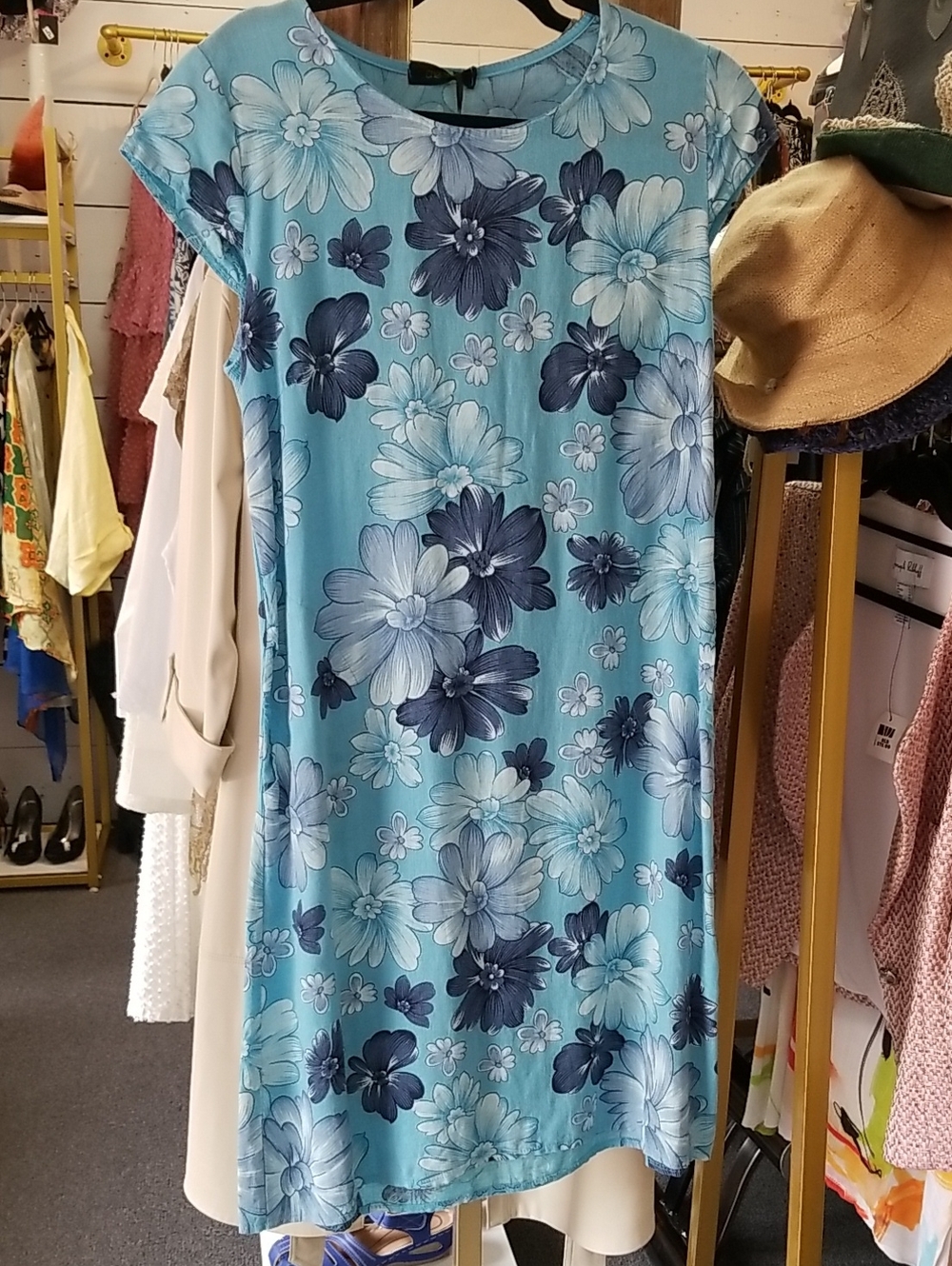 Cherish Aqua Floral Midi Dress with Navy Blooms